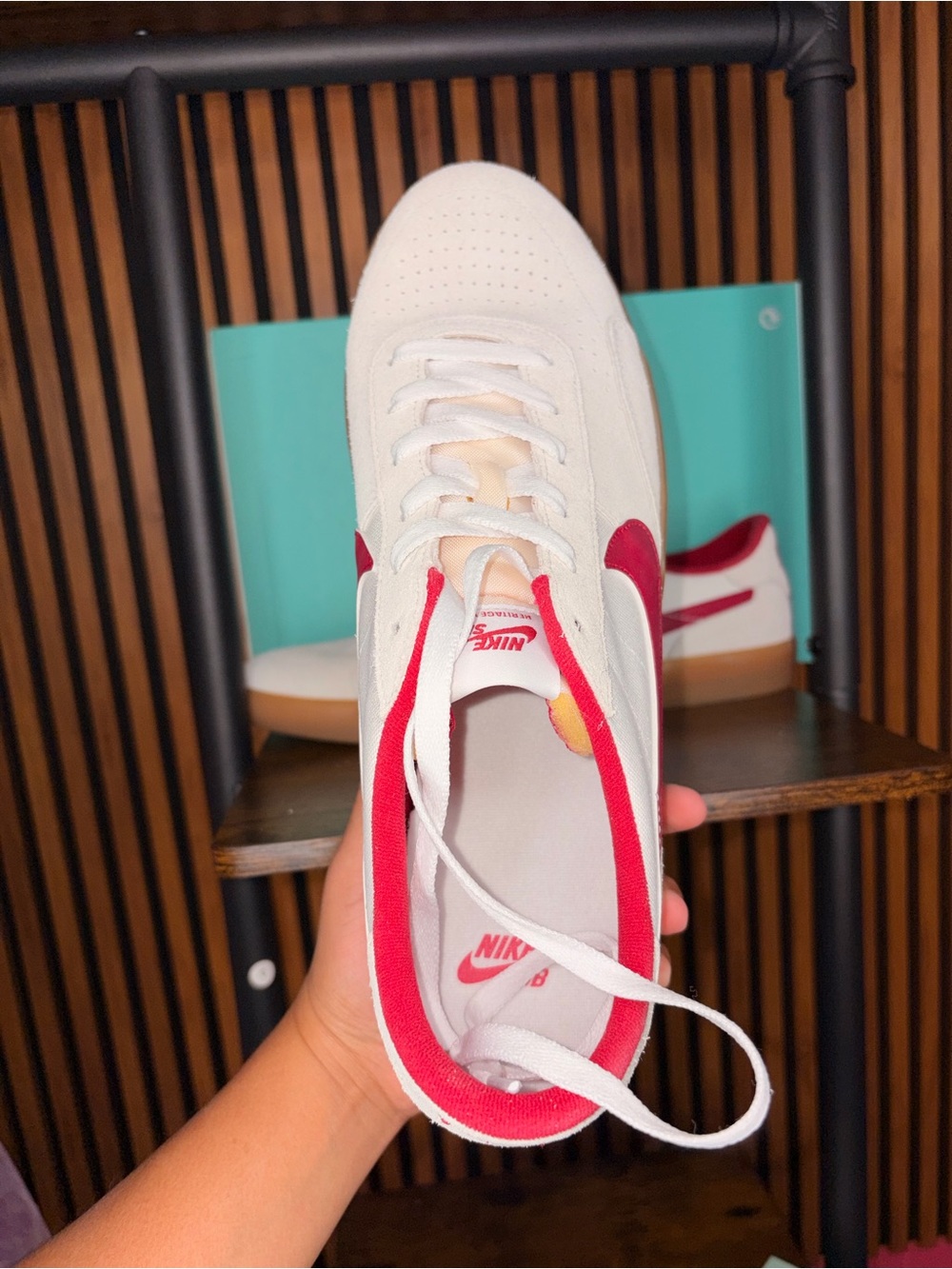 Nike White Sneakers with Red Swoosh and Gum Sole - Picture 5 of 6